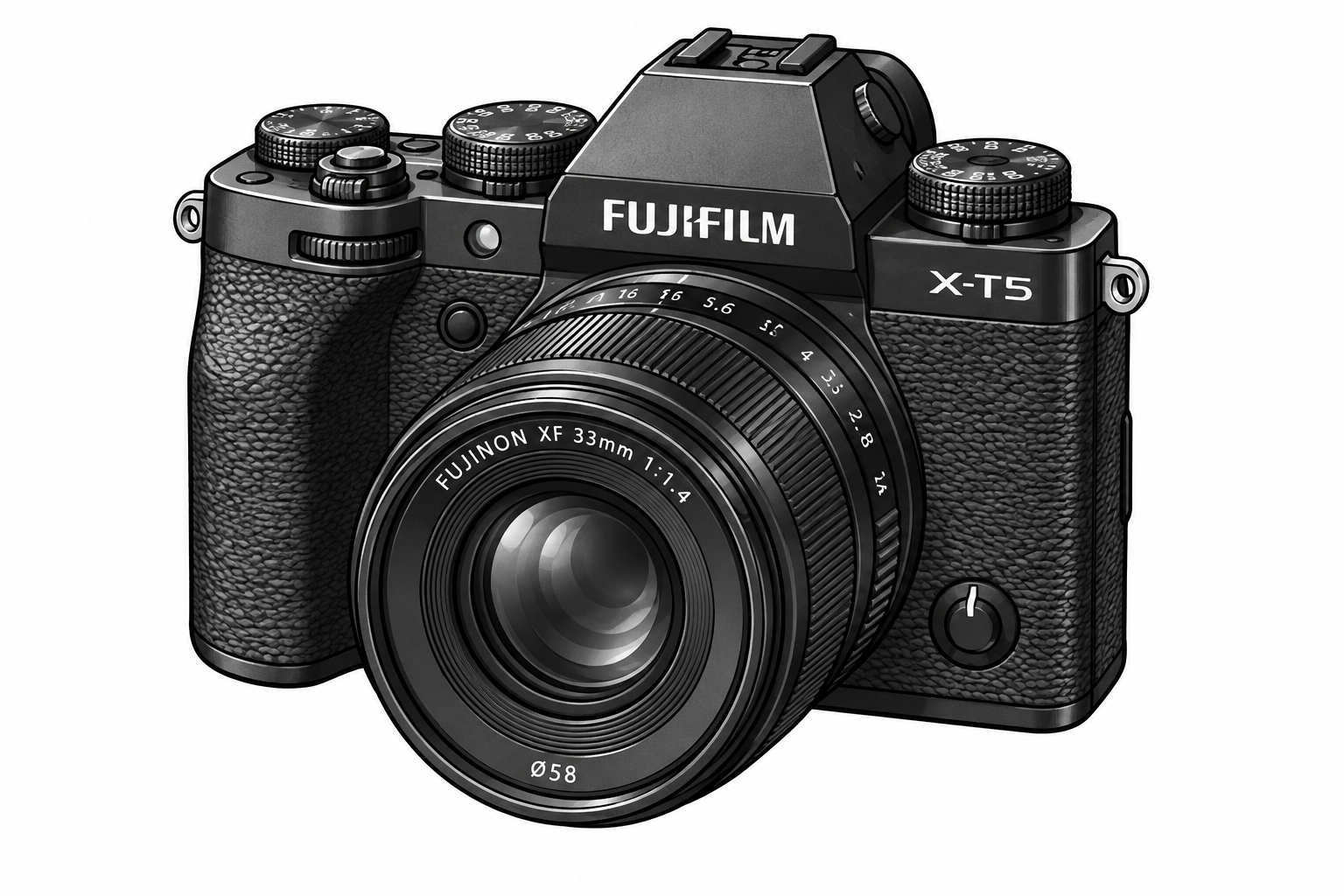 Black-and-white cartoon of a Fujifilm X-T5 with a 33mm f/1.4 lens