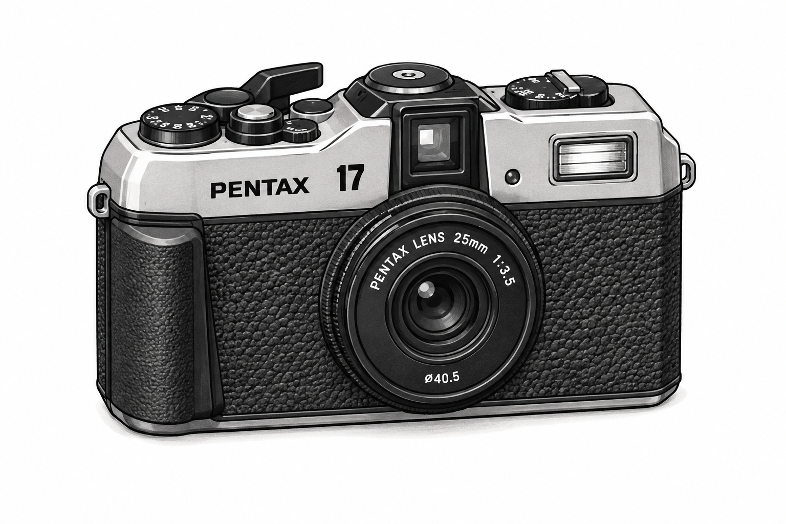 Black-and-white cartoon of a Pentax 17 film camera